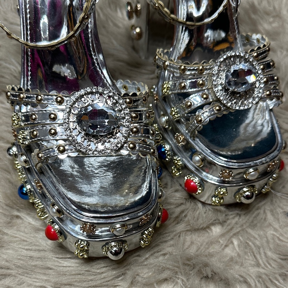 Embellished Silver Platform Heels with Multicolor Gems - Women's - Picture 5 of 7